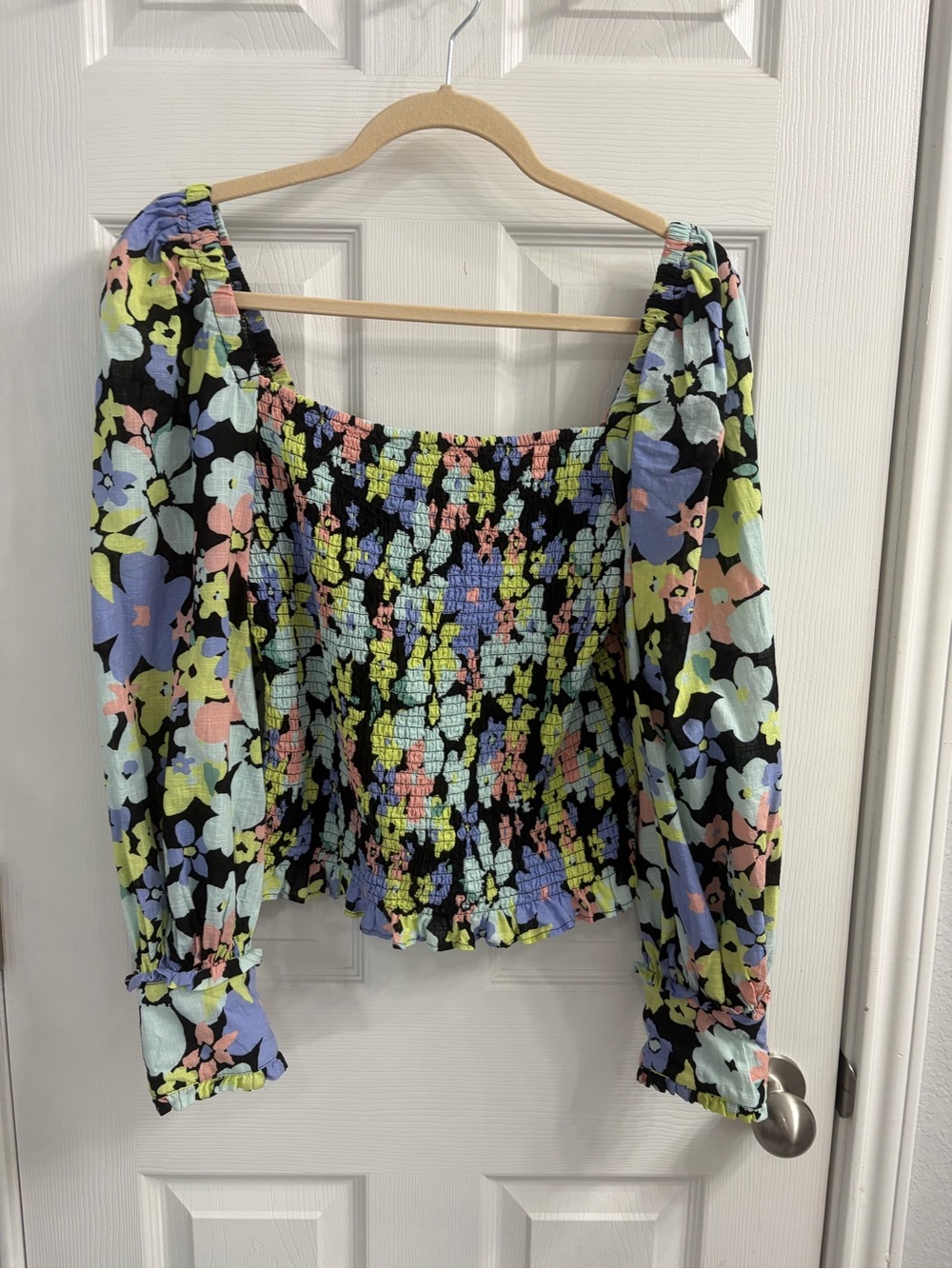Free People Black Floral Smocked Off-Shoulder Top with Pastel Blue, Pink & Lime